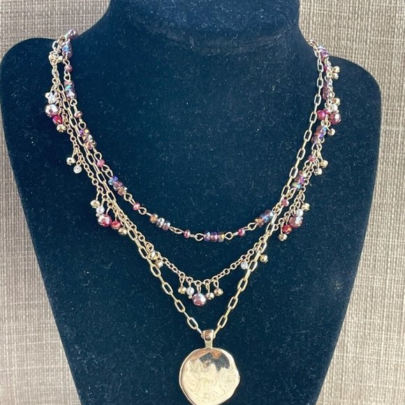 Style & Co. Necklaces Gold plated Multi Rows Faceted Beads Hammered Coin Pendant - Picture 9 of 12